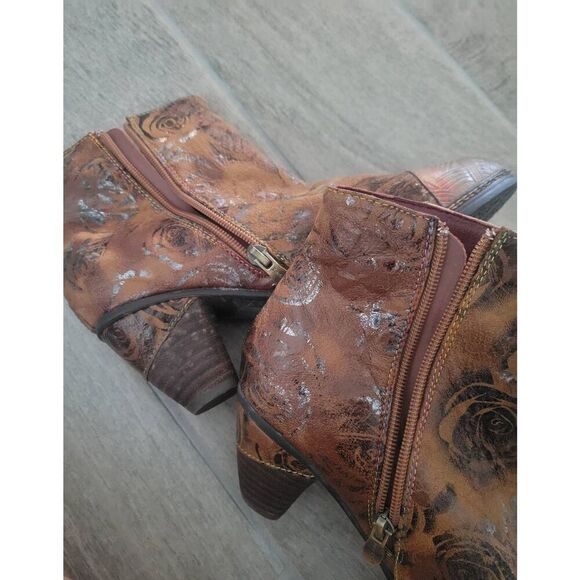 L'Artiste by Spring Step Floral Ankle Boots Waterlily Brown Zipper Leather Size - Picture 5 of 9